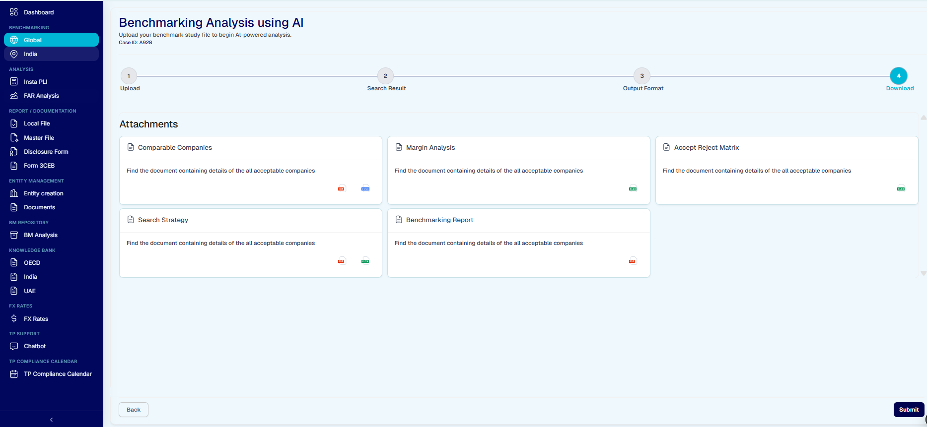 AI Benchmarking — Download step with attachments for Comparable Companies, Margin Analysis, and Benchmarking Report