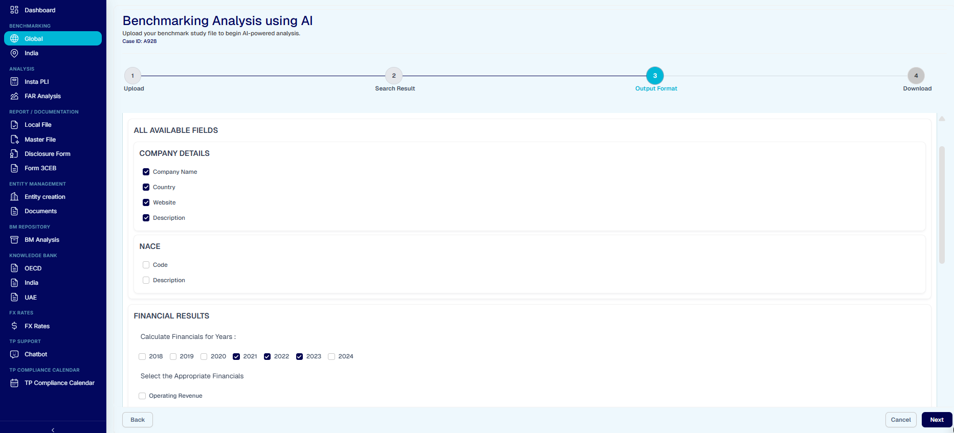 AI Benchmarking — Output Format step with field selection for company details, NACE, and financials