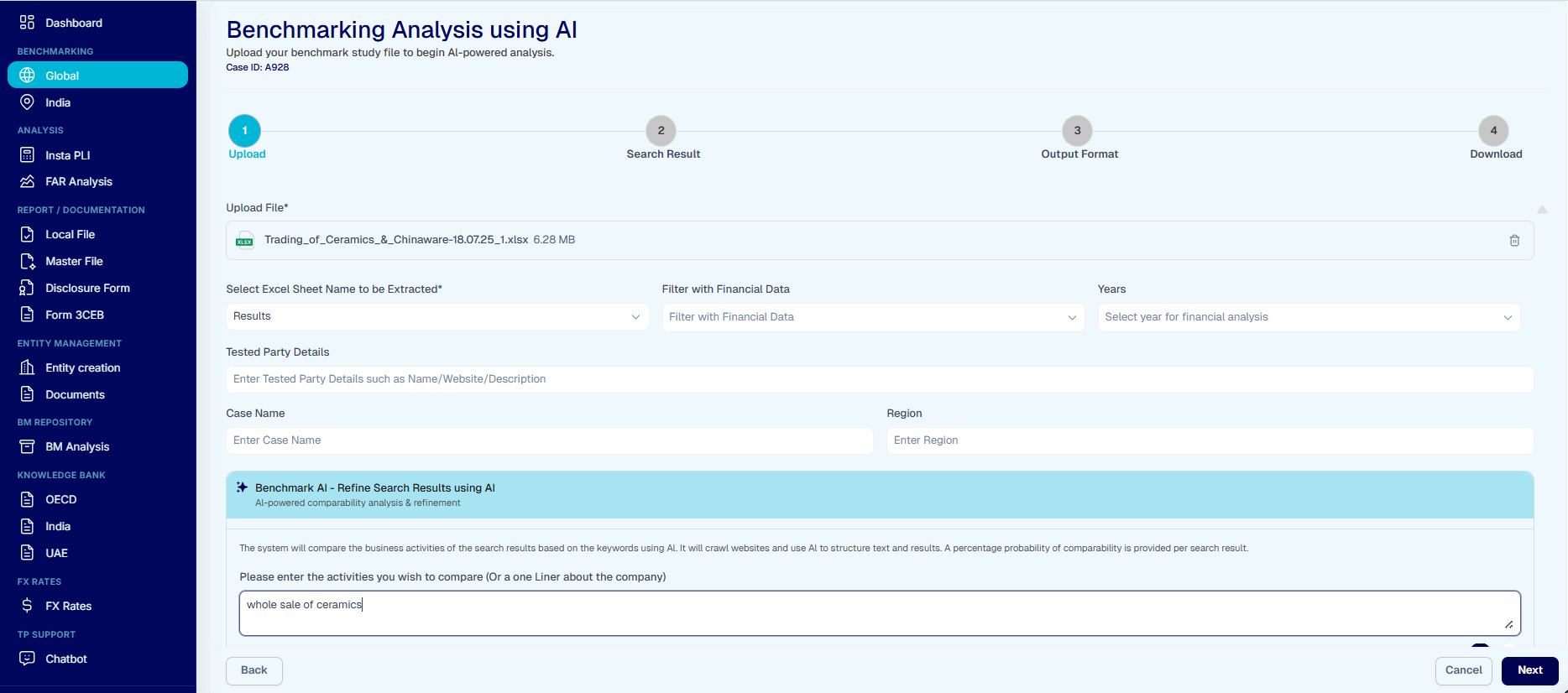 AI Benchmarking — Upload step with file parsing, tested party details, case name, and AI refinement prompt