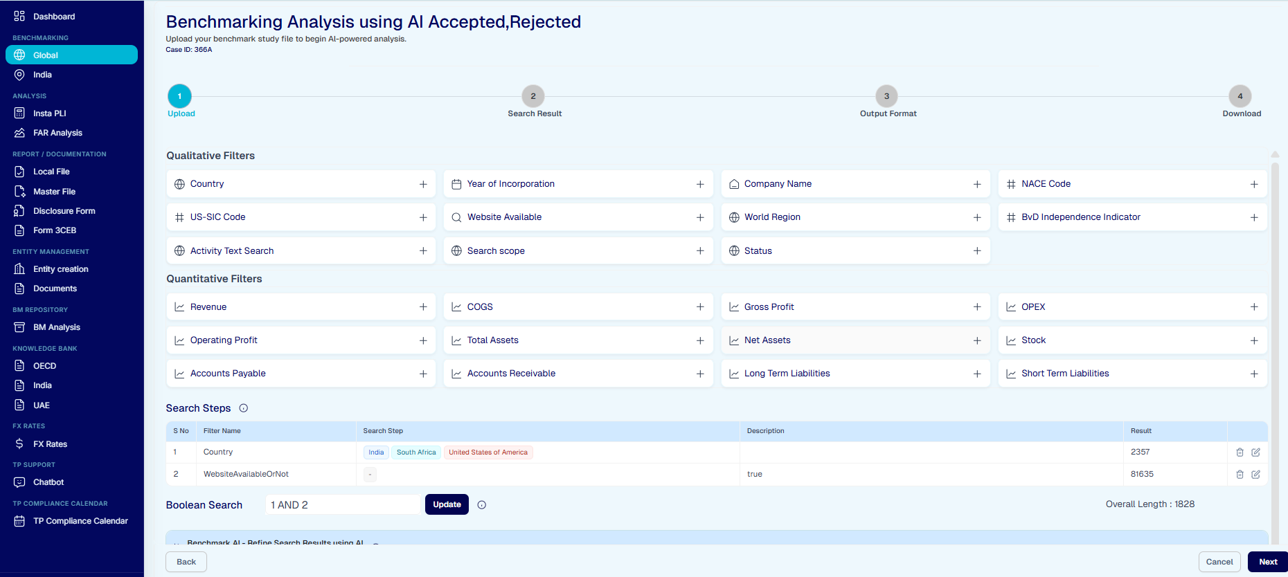 AI Search & Benchmark — Search strategy with qualitative and quantitative filters, search steps table, and Boolean logic