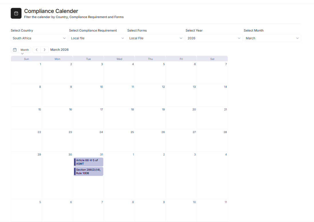 Compliance Calendar — interactive month-view calendar filtered by country, compliance requirement, and form with deadline entries