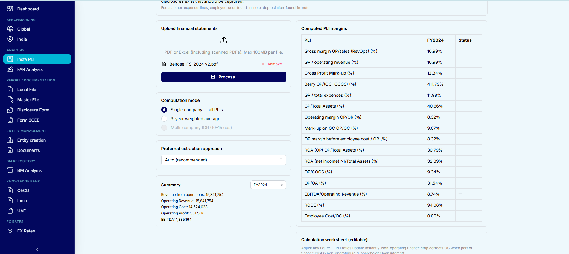 Insta PLI — Upload financial statements, select computation mode, and view computed PLI margins with 16+ ratios