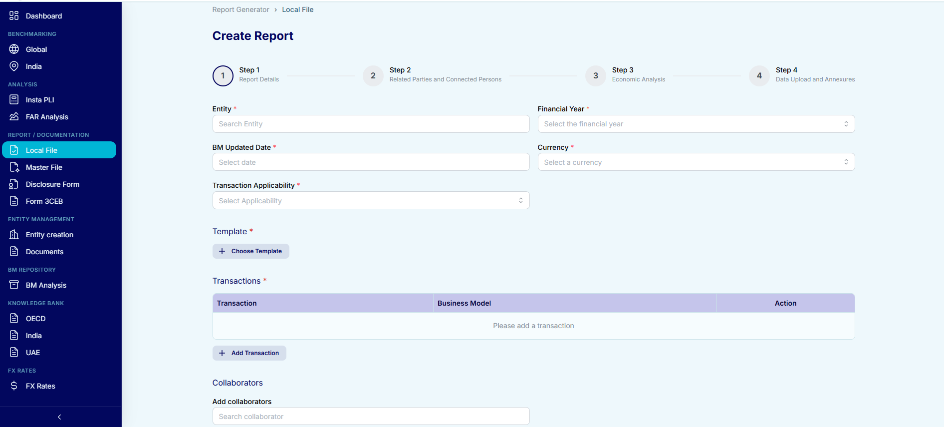 Local File Generator — Step 1 Report Details showing entity selection, financial year, transactions table, and collaborator management