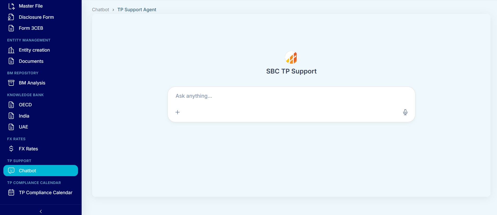 TP Support Agent — SBC TP Support chat interface with Ask anything prompt, file attachment, and voice input